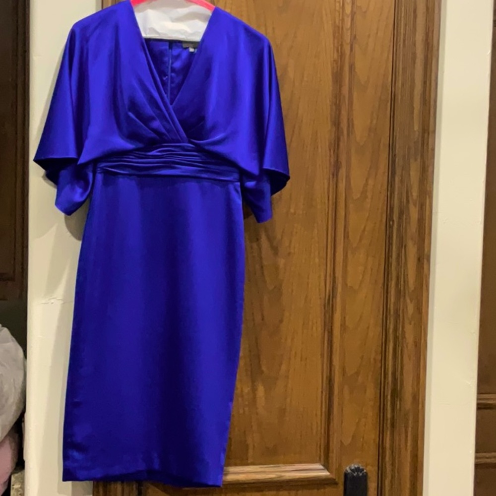 Theia Kimono Sleeve Satin Cocktail Midi Dress